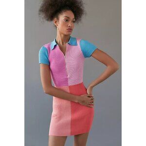 DEE ELLY Pink Colorblock Ribbed Knit Half Zip Mini Polo T-Shirt Dress, Size S